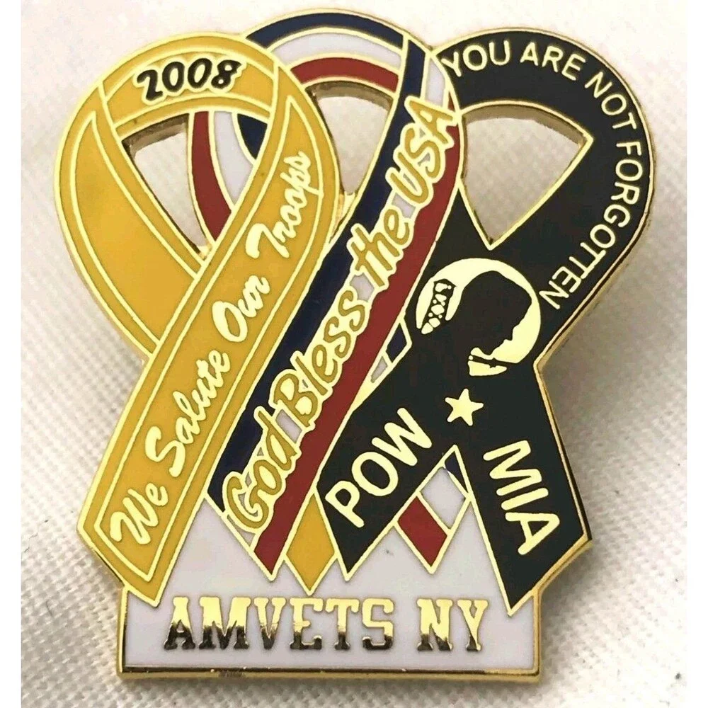 AMVETS Ribbons Pin NY POW MIA God Bless The USA We Salute Our Troops Gold Tone